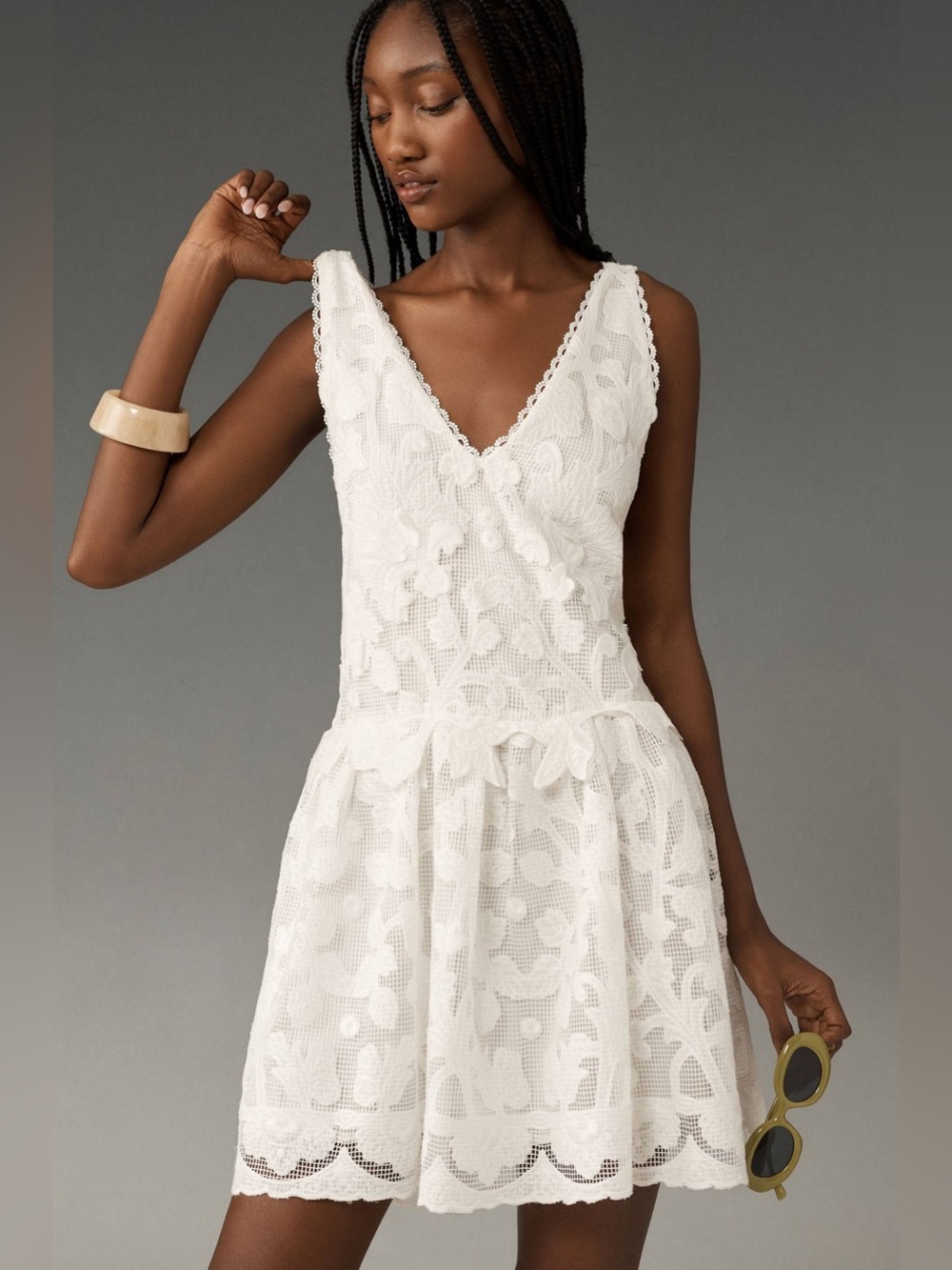 Anthropologie Lace Swing Mini Dress Sleeveless V Neck White Boho Size M